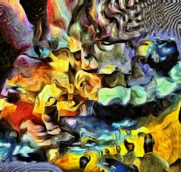 Complex surreal painting. Men with different thoughts and questions. Multilayered fractal.