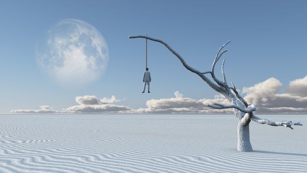 Surreal white desert. Man in white suit is hanged on a dry tree.
