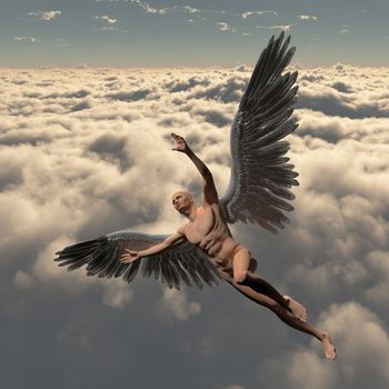 Surrealism. Naked man with angel's wings flies in cloudy sky. 3D render.
