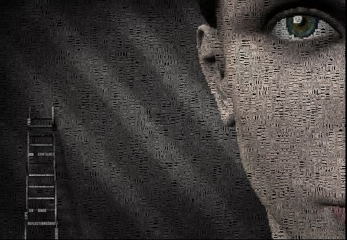 Surreal digital art. Woman's face and ladder. Picture is composed entirely of the words.