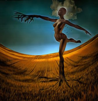 Surreal painting. Naked woman in dancing pose rooted to the ground.