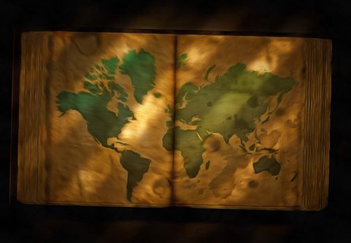 Painting. World map in ancient book.