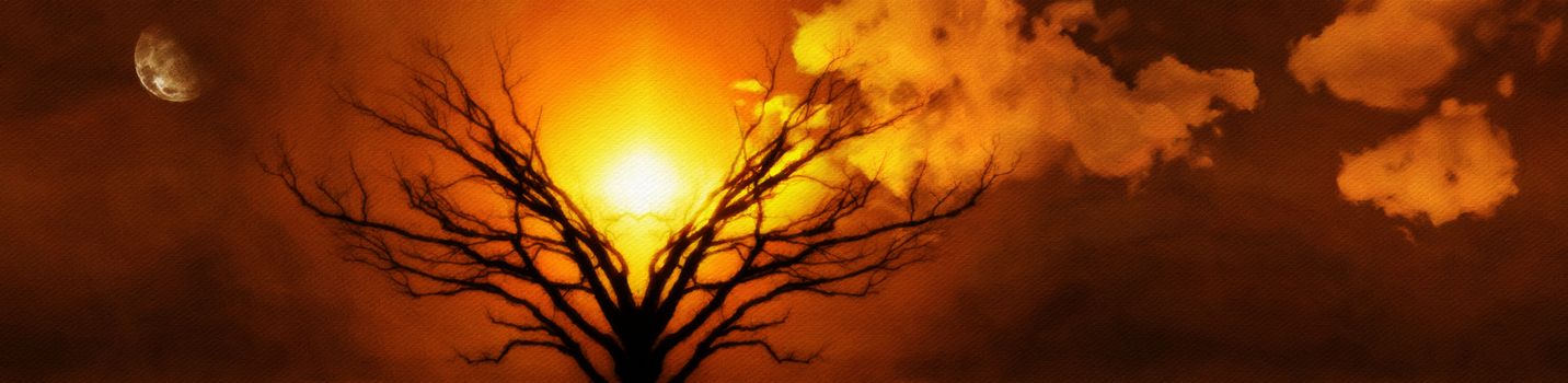 Mystic Tree of Life. Moon in Cloudy Sky. Sunset or Sunrise. 3D rendering