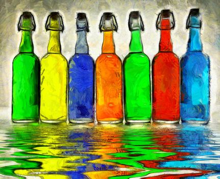 Modern art. Colorful bottles reflects in the water.