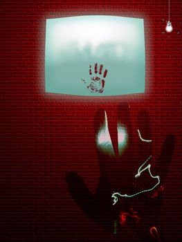 Bloody hand print on wall screen