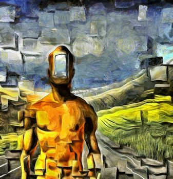 Surreal painting. Naked man with open door instead of face. Road in the field on a background. Square elements.