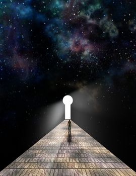 Man before keyhole with starry background