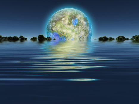 Terraformed Luna rises over water