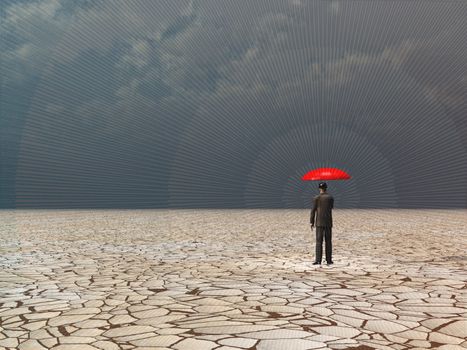 Surreal digital art. Man with red umbrella in dry land under gathering storm.