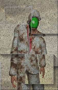 Surreal digital art. Man in white suit with green apple instead of face. Rene Magritte style. Picture is composed entirely of the words.