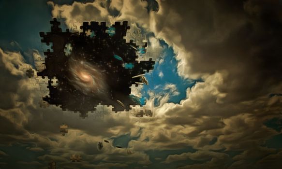 Surreal digital art. Clouds are falling apart on a pieces of puzzle. Galaxy in starry space.