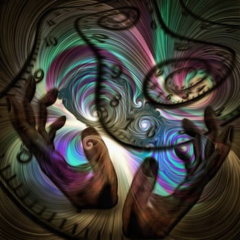 Surreal painting. Human's hands and spirals of time. Colorful swirls.