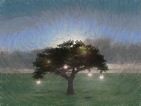 Surreal digital art. Tree with light bulbs symbolizes knowledge and ideas.