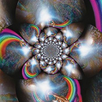 Abstract painting. Mirrored round fractal with God's hands, light and rainbow.