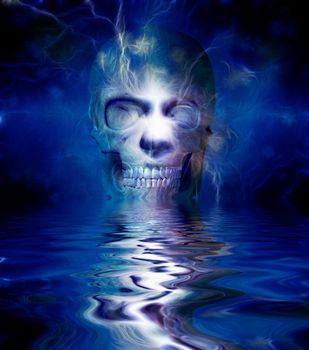 Human skull reflected in water