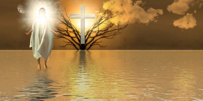 Walk on Water. Jesus and shining cross