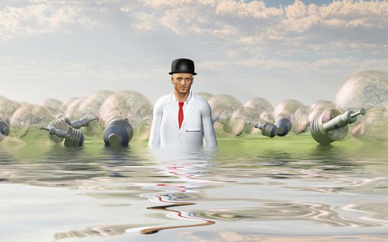 Man with large ideas surrounding him in the form of classic lightbulbs in flooded landscape