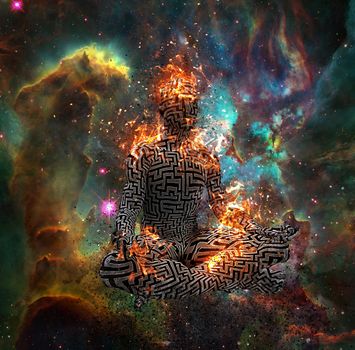 Surrealism. Figure of man with maze pattern in lotus pose in flames. 3D rendering. Some elements provided courtesy of NASA
