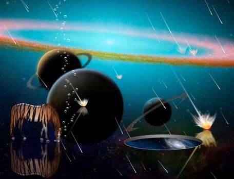 Surreal 3D rendering. Exosolar planets and meteor shower. Striped horse and wormhole to another dimension.