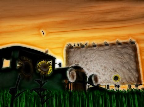 Old rusting truck and billboard with flowers painting