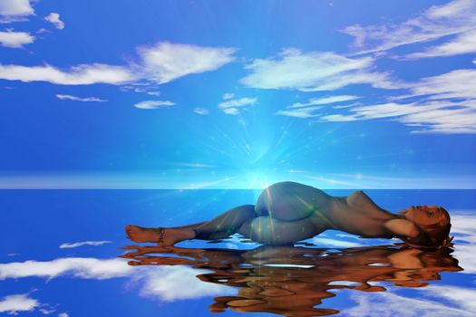 Woman lies on water surface. Cloudy sky