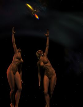 Naked girls ascending to the stars, retro rocket in the sky