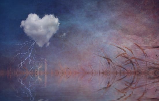 Surreal digital art. Storm cloud in shape of heart over quiet pond.