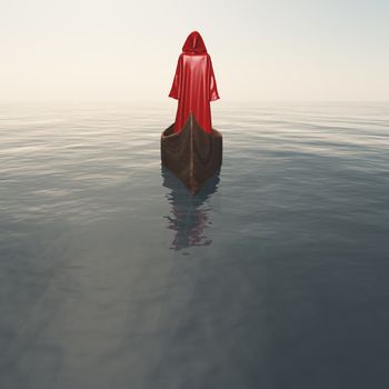 Figure in cloak floats in boat.