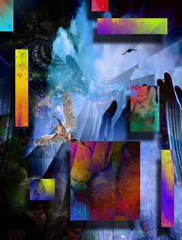 Surreal composition. Naked winged man represents angel. Praying hands silhouette. Colorful geometric figures