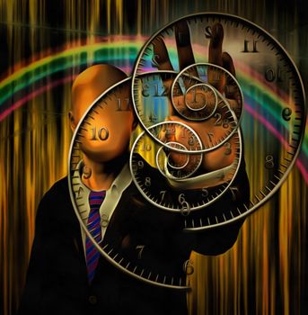 Abstract painting. Faceless man in suit holds spirals of time. Rainbow on a background.