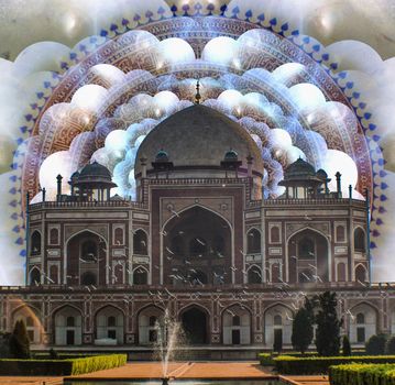 Artwork. Indian Temple. Multilayered space and mandala.
