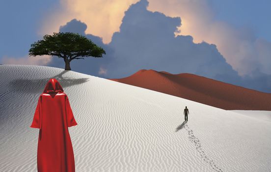 Figure in cloak stands in desert. Man in a distance. Green tree. Cloudy sky.