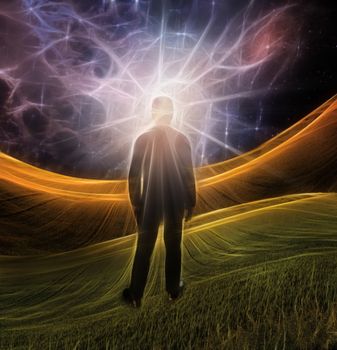 Explosion of imagination. Man stands in green field