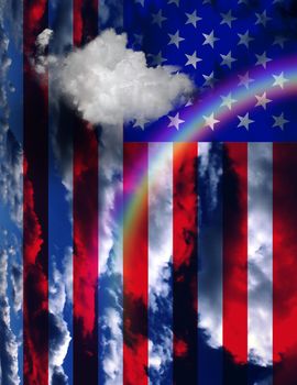 Surreal digital art. USA Flag over clouds and rainbow. 3D rendering