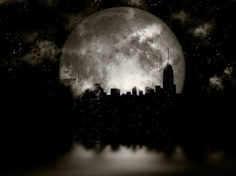 3D rendering. Full moon over night city.