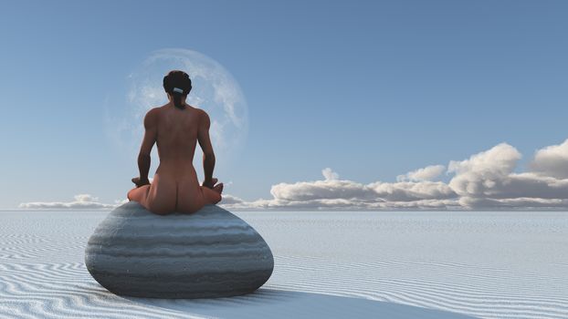 Woman meditates sitting on stone in white sands landscape