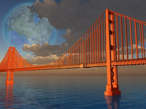 Golden Gate Bridge with terraformed luna above