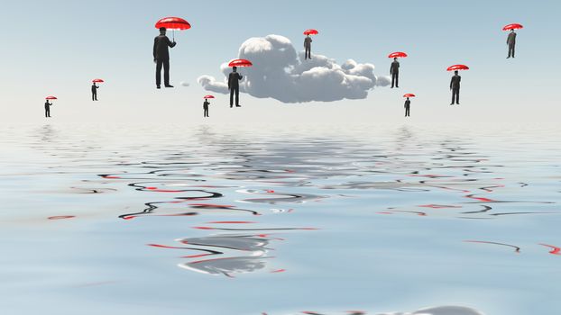 Surreal composition. Floating Men with Umbrellas above water