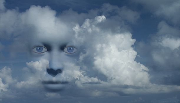 Mystic woman's face in clouds