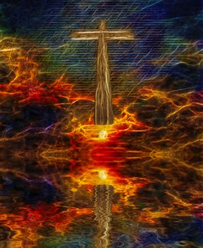 Surreal digital art. Christian cross above water surface. Vivid subset. Latin text.