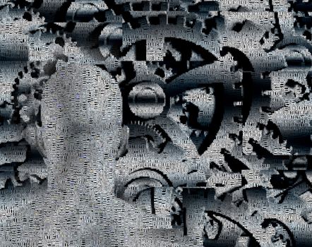 Man is standing before gears. Image composed entirely of words