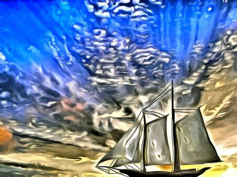 Painting. Sailboat. Dramatic sky.