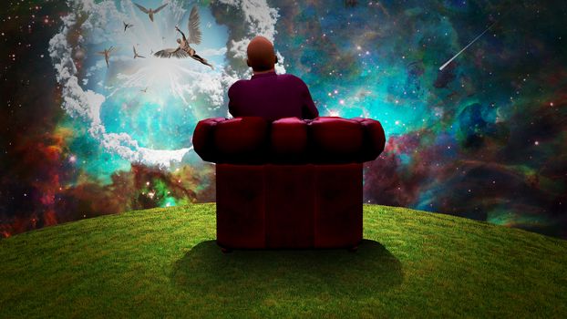 Surreal composition. Man sits in red armchair and observes angels  in vivid sky. 3D rendering