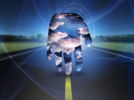 Surrealism. Human's palm with clouds on a road.