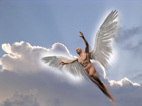 Surrealism. Naked man with white wings flies in the cloudy sky.