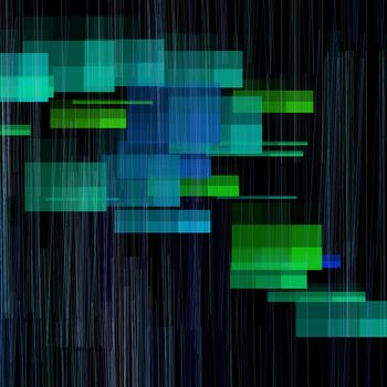 Abstract composition. Green and Blue Blocks, lines at the background. 3D rendering