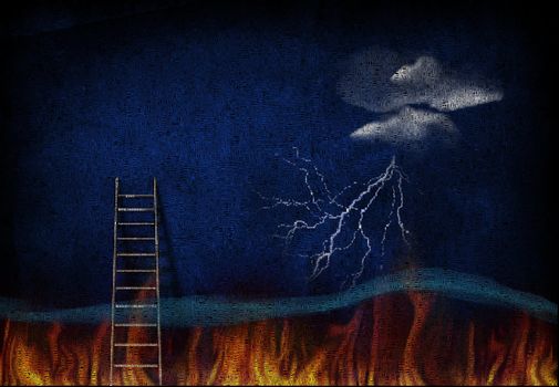 Abstract painting. Ladder leading from fire to sky. Image composed entirely of words