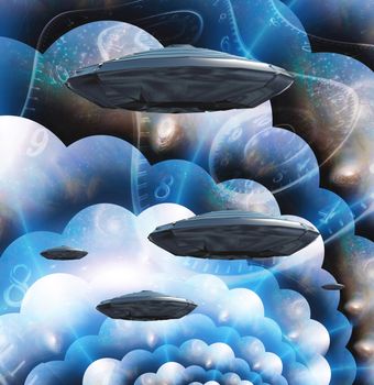 Flying saucers in multi-layered spaces and spirals of time.