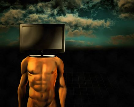 Surrealism. Naked man with TV screen instead of head.
