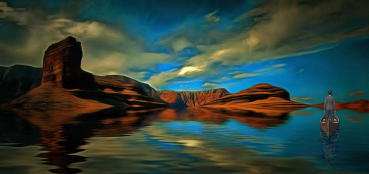 Man in boat floats to the mountain shore